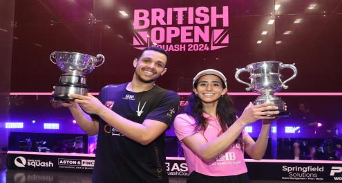 مصطفى عسل ونوران جوهر يتوجان ببطولة بريطانيا المفتوحة للاسكواش (فيديو)